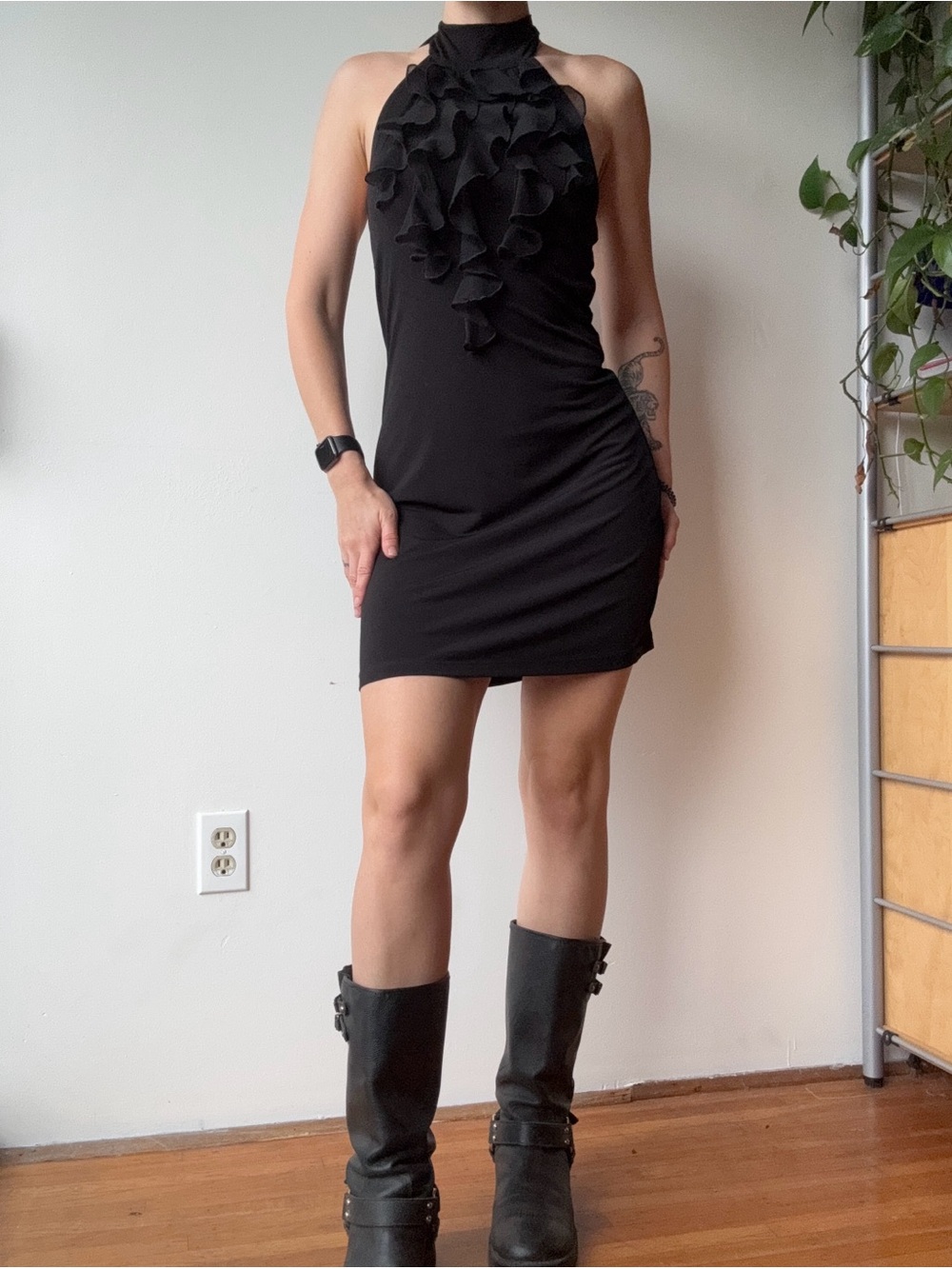Y2K Black Ruffle Halter Mini Dress
